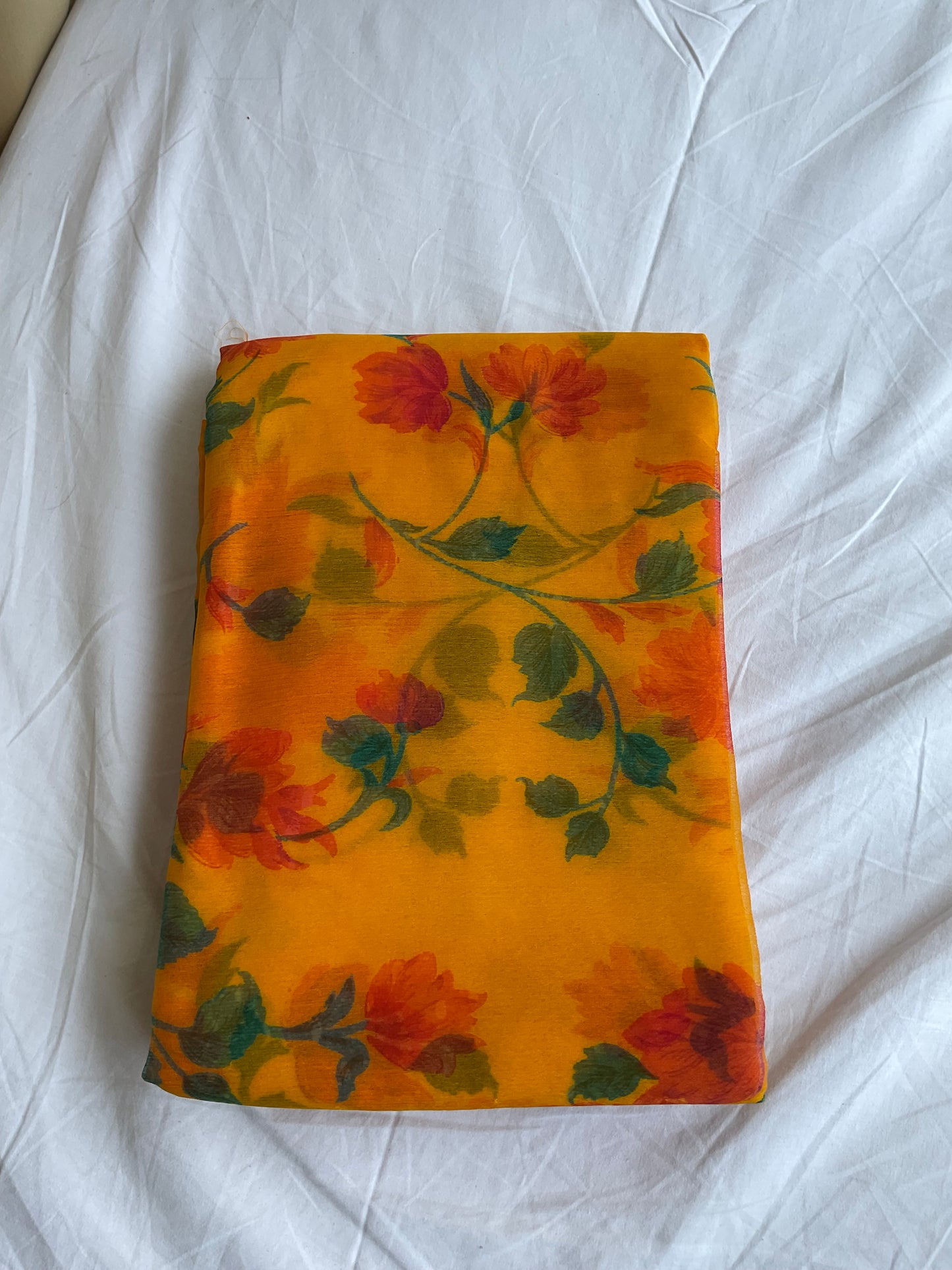 Beautiful semi chiffon floral yellow saree