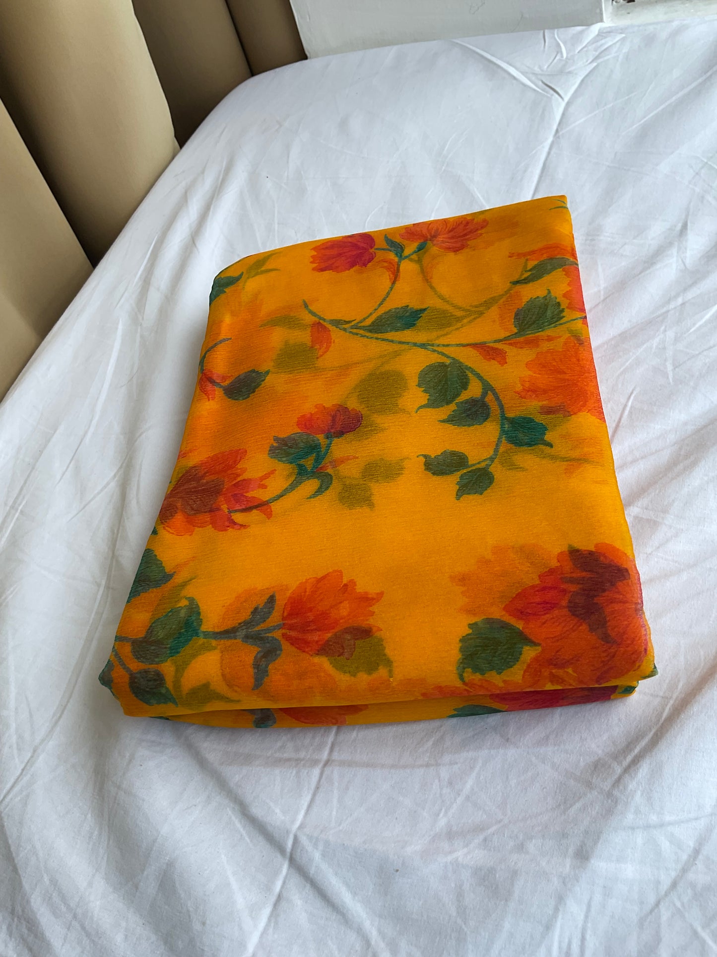 Beautiful semi chiffon floral yellow saree
