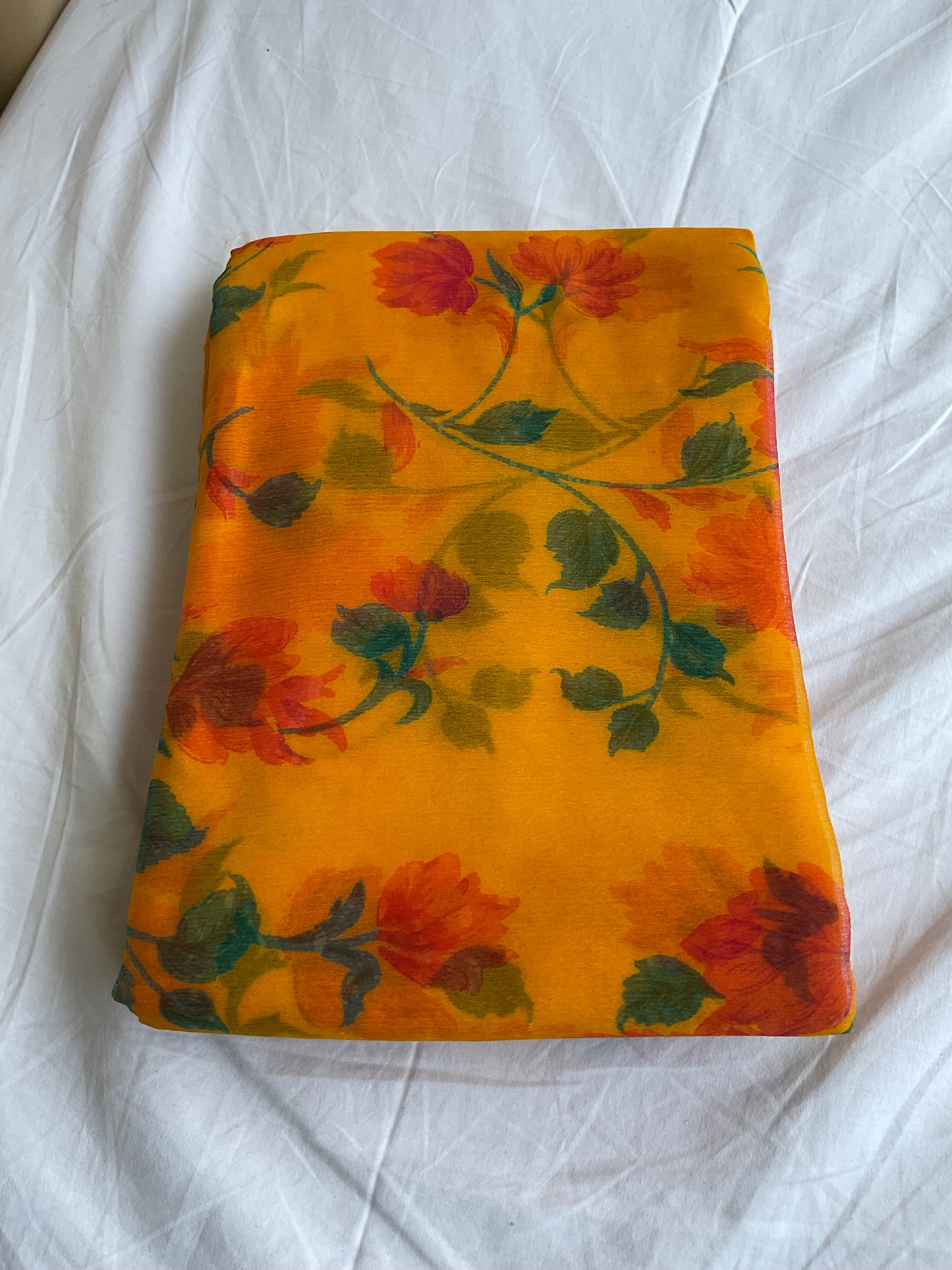 Beautiful semi chiffon floral yellow saree