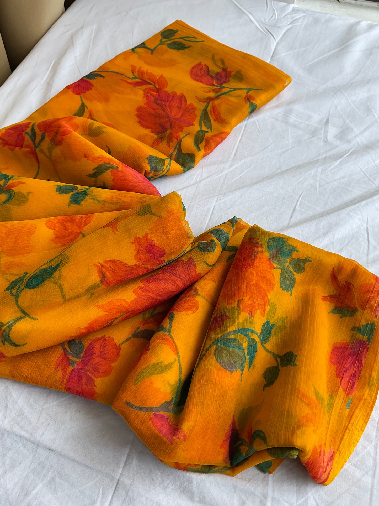 Beautiful semi chiffon floral yellow saree
