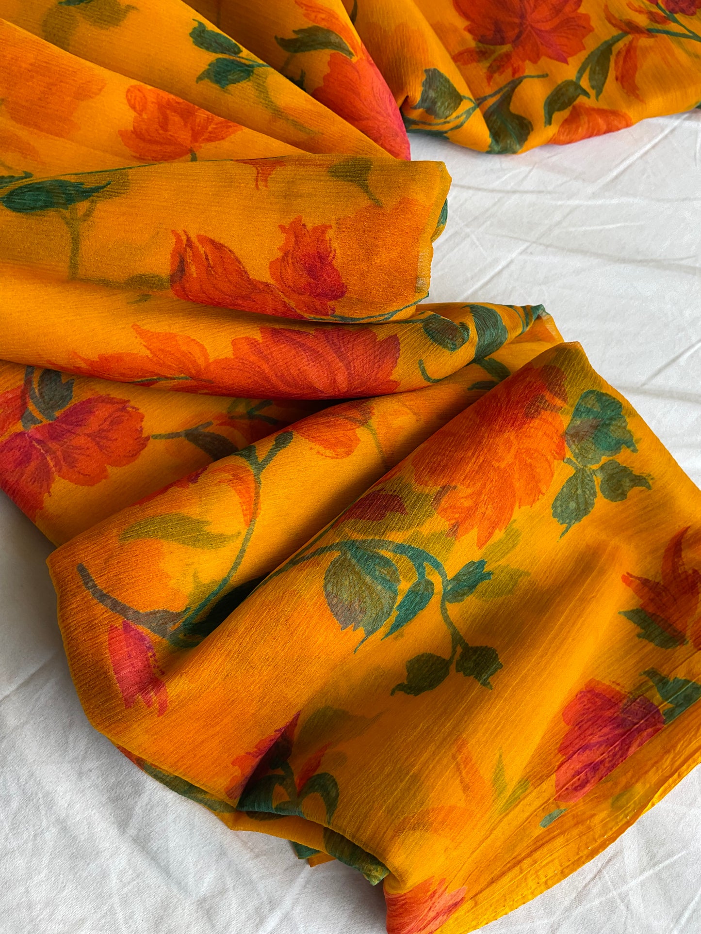 Beautiful semi chiffon floral yellow saree