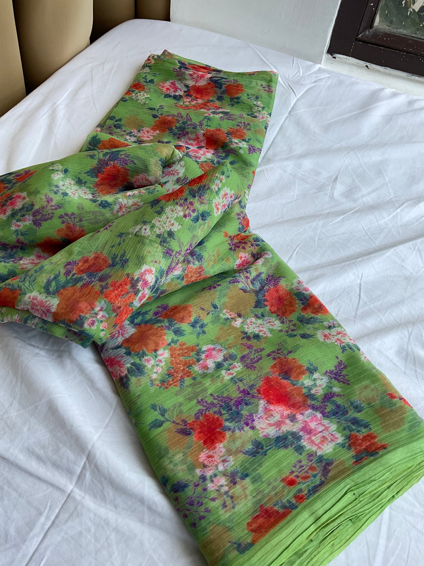 Beautiful semi chiffon floral light green colour saree