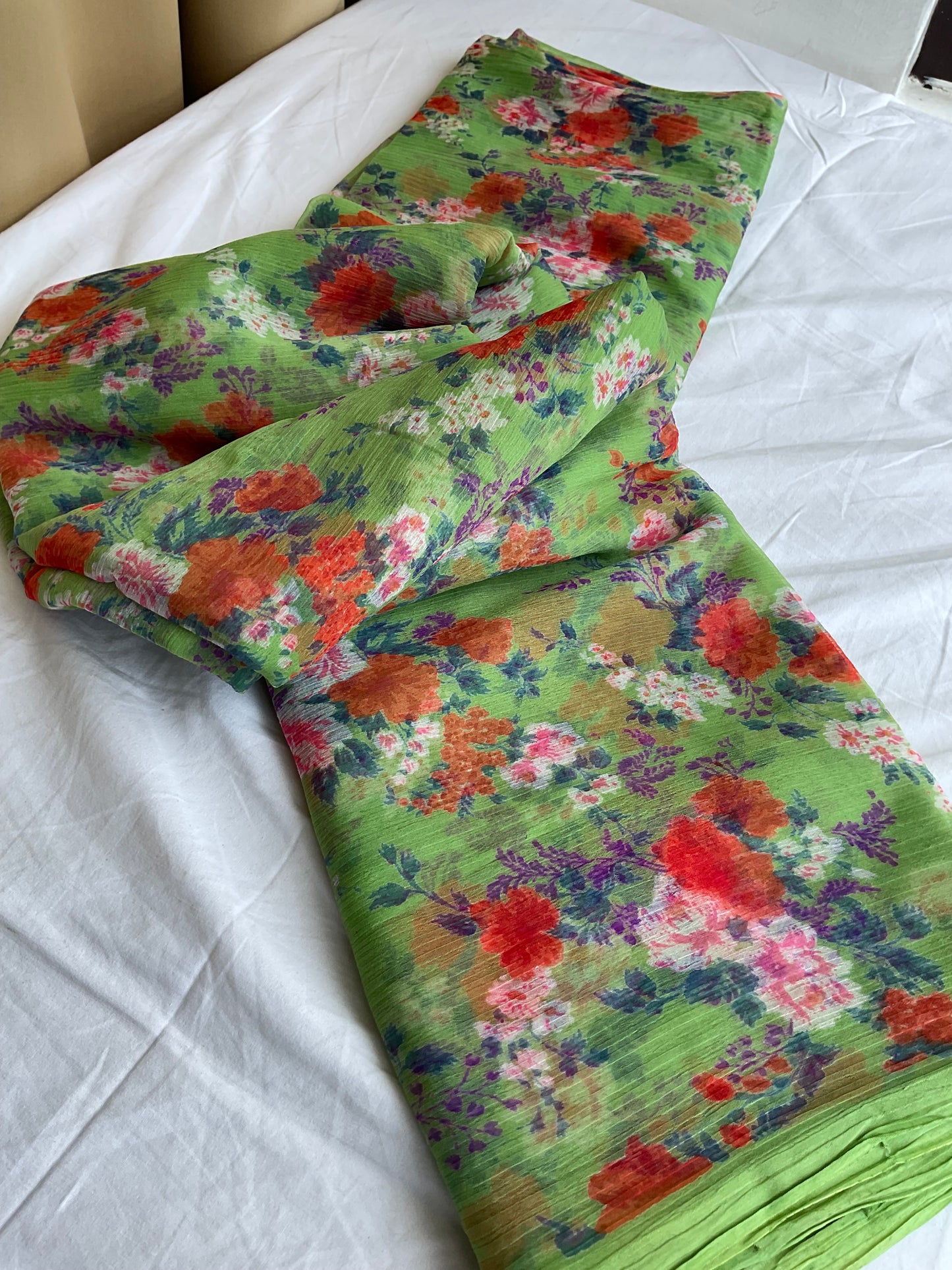 Beautiful semi chiffon floral light green colour saree