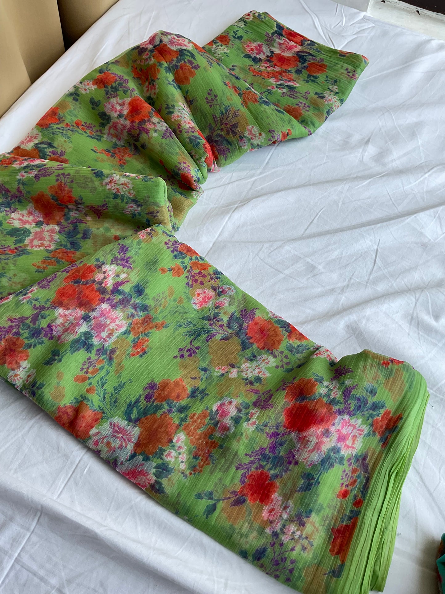 Beautiful semi chiffon floral light green colour saree