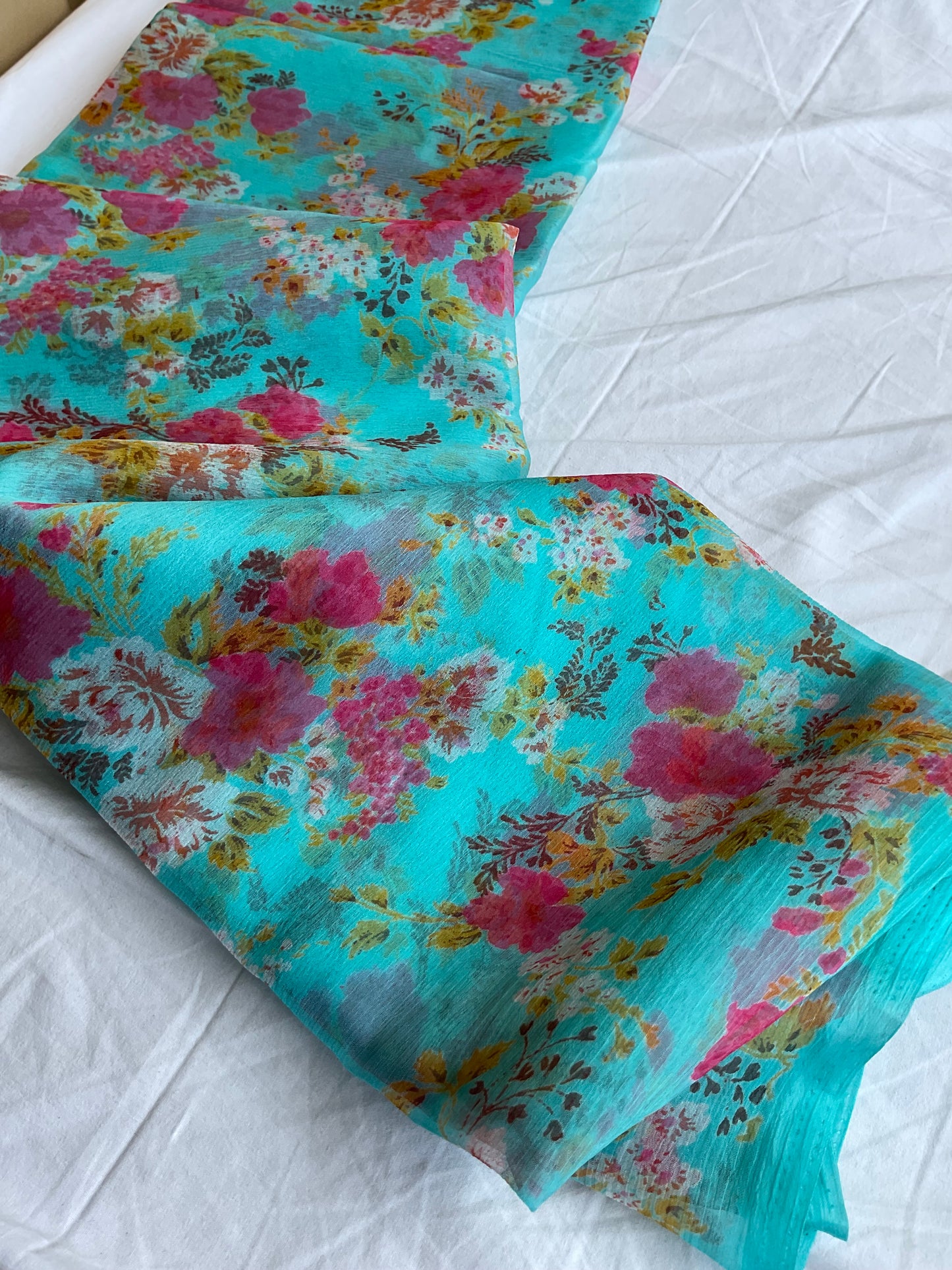 Beautiful semi chiffon floral sky blue saree