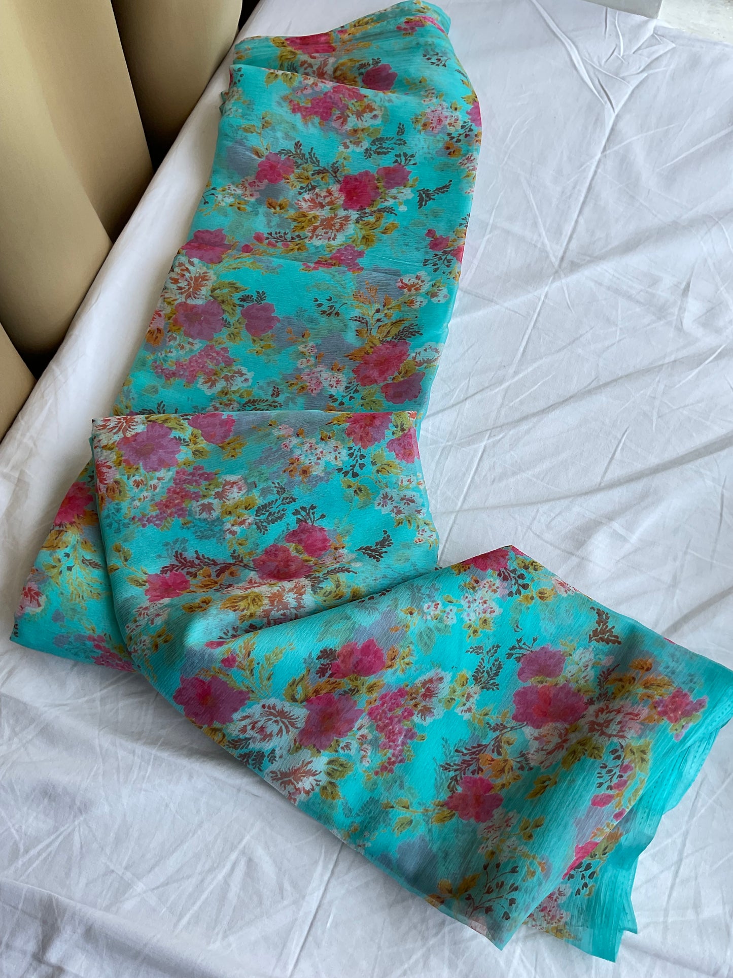 Beautiful semi chiffon floral sky blue saree