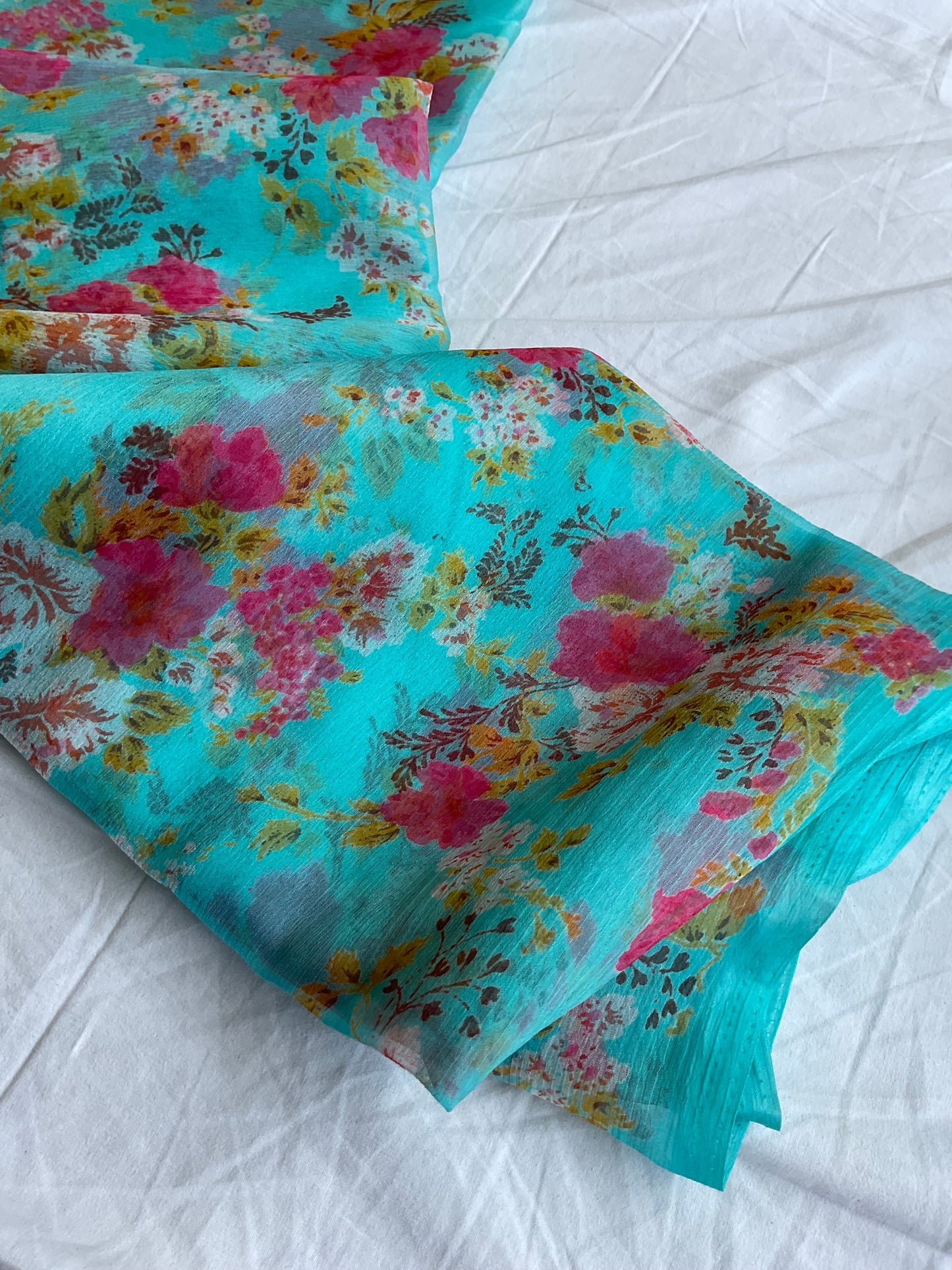Beautiful semi chiffon floral sky blue saree