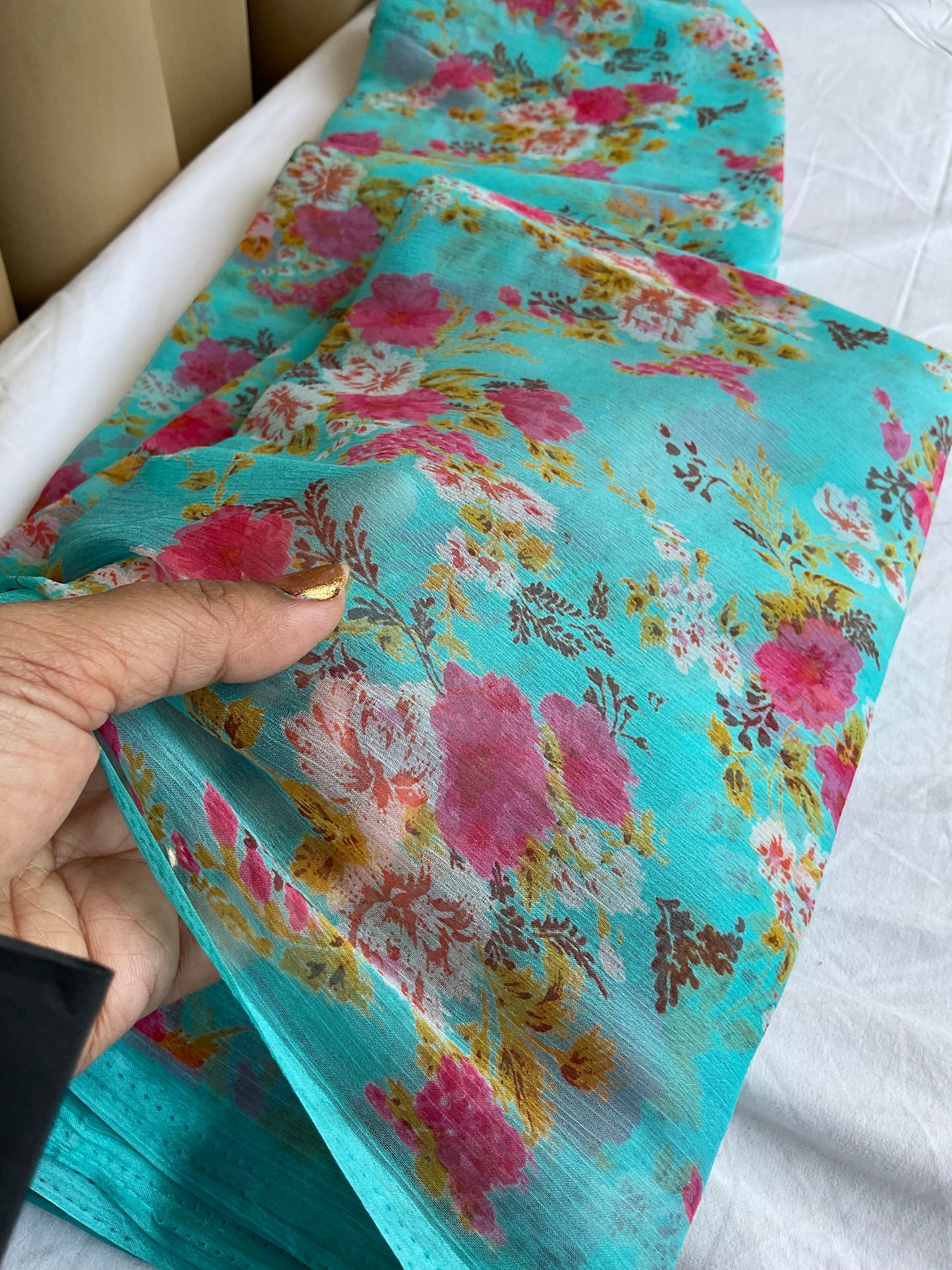 Beautiful semi chiffon floral sky blue saree
