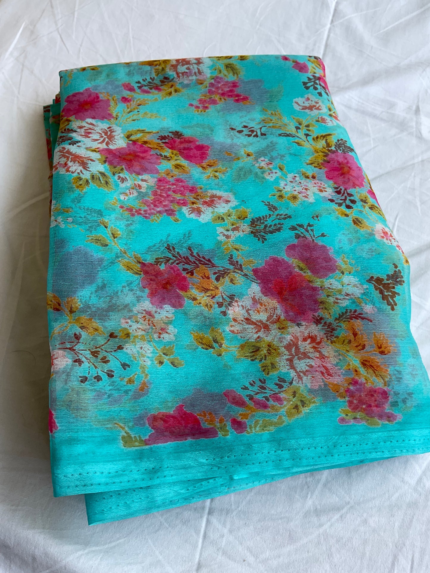 Beautiful semi chiffon floral sky blue saree