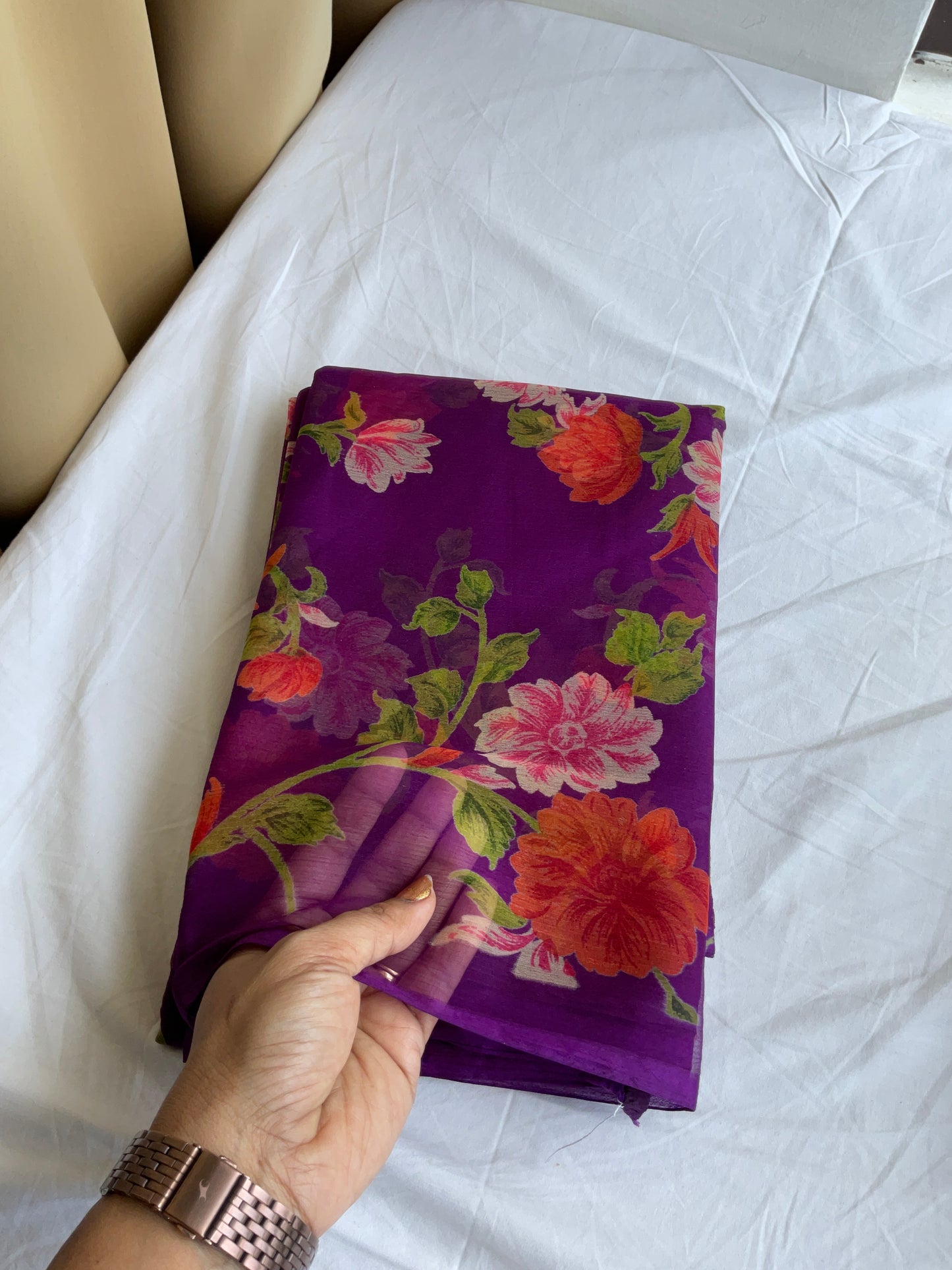 Beautiful semi Chiffon floral purple saree