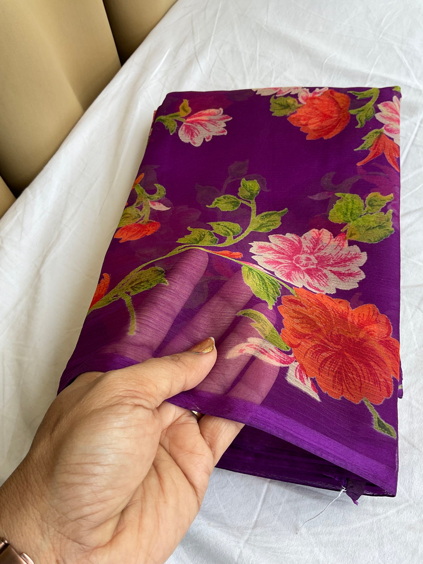 Beautiful semi Chiffon floral purple saree