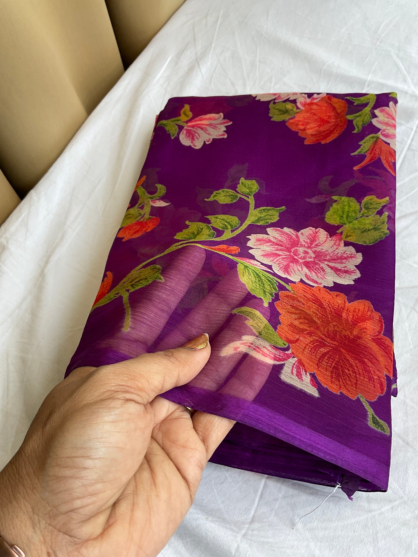 Beautiful semi Chiffon floral purple saree