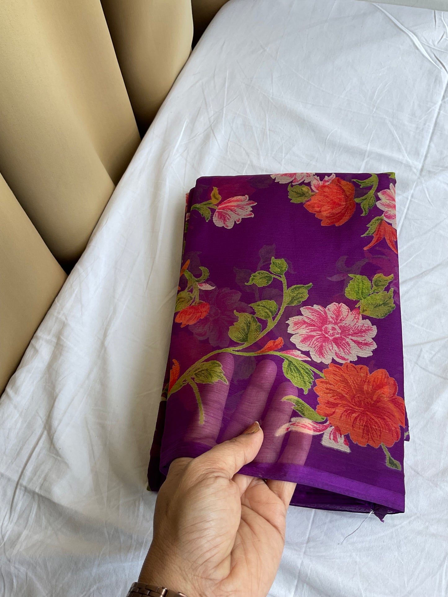 Beautiful semi Chiffon floral purple saree