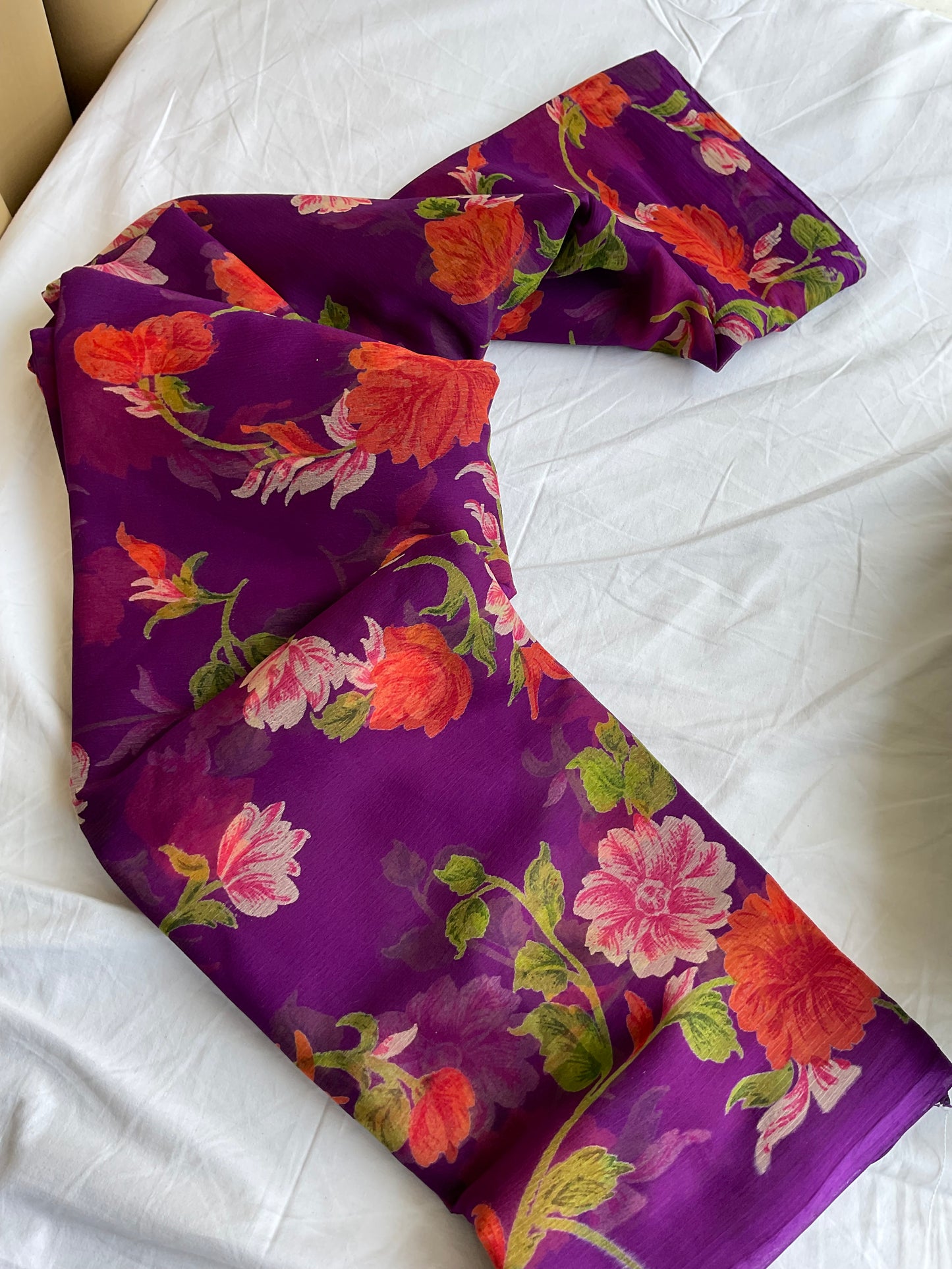 Beautiful semi Chiffon floral purple saree