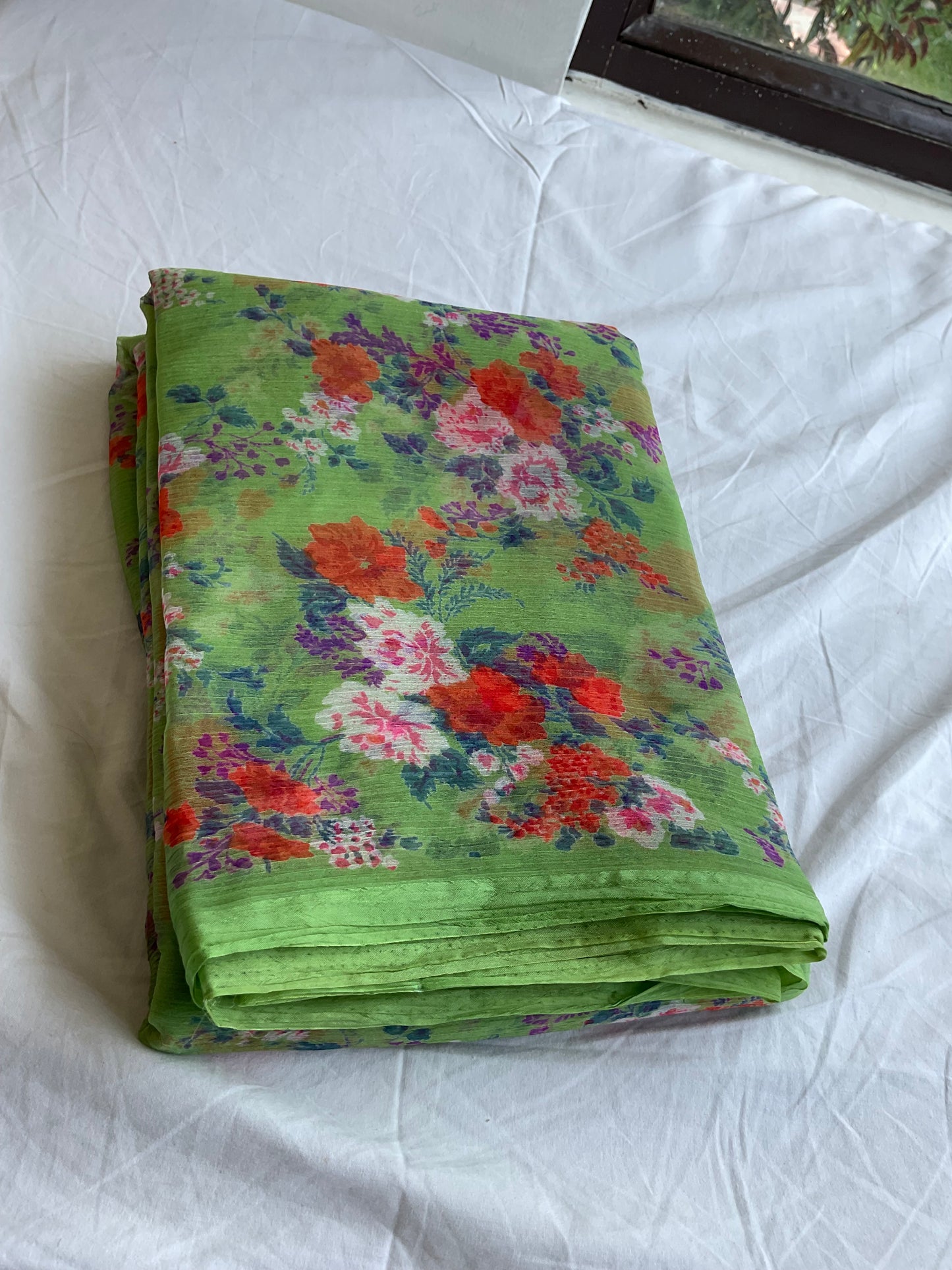 Beautiful semi chiffon floral light green colour saree