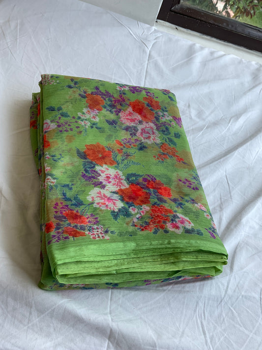 Beautiful semi chiffon floral light green colour saree