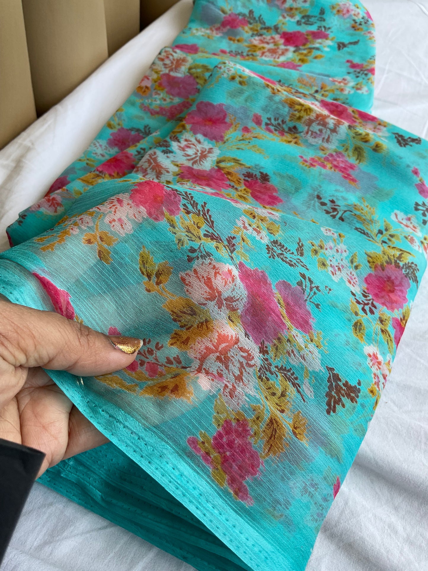 Beautiful semi chiffon floral sky blue saree