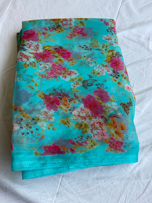 Beautiful semi chiffon floral sky blue saree